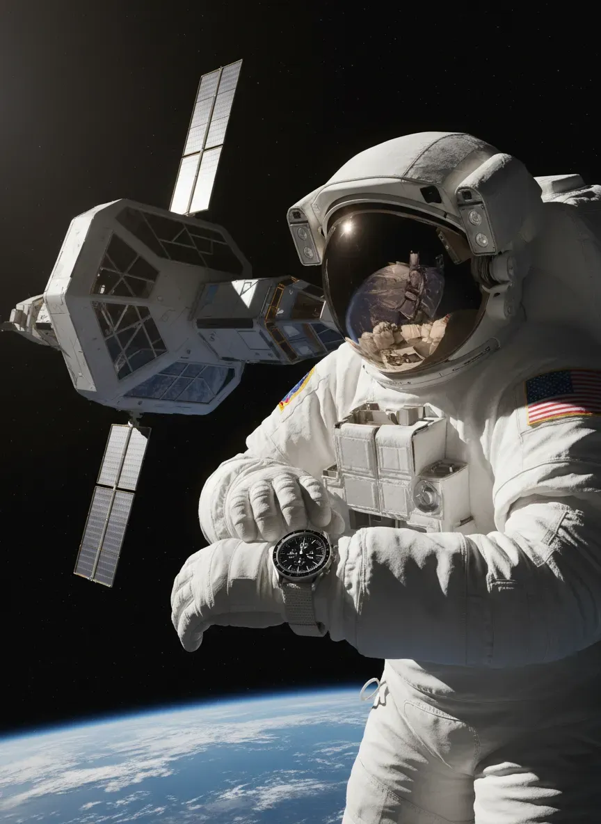 An astronaut wearing a Speedmaster over a space suit during an EVA mission