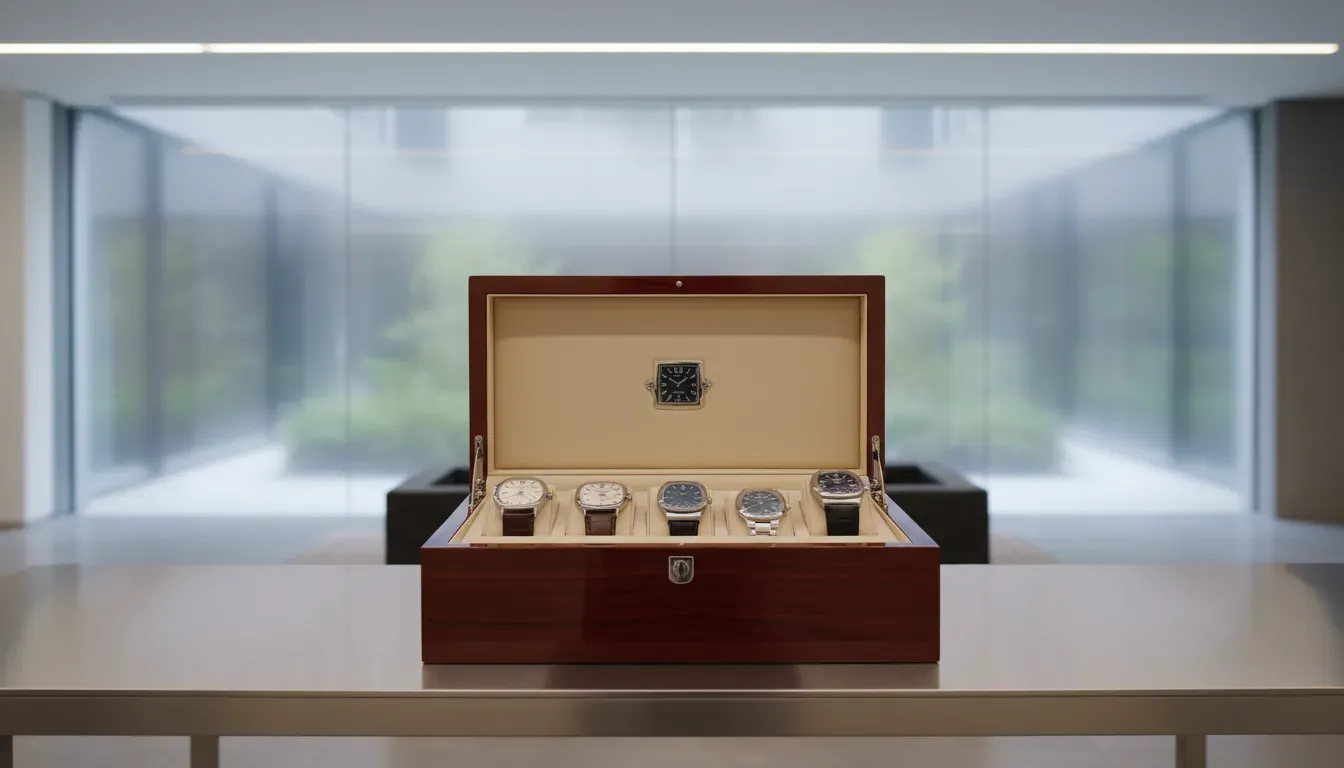 Elegant wooden presentation box holding patek philippe watches
