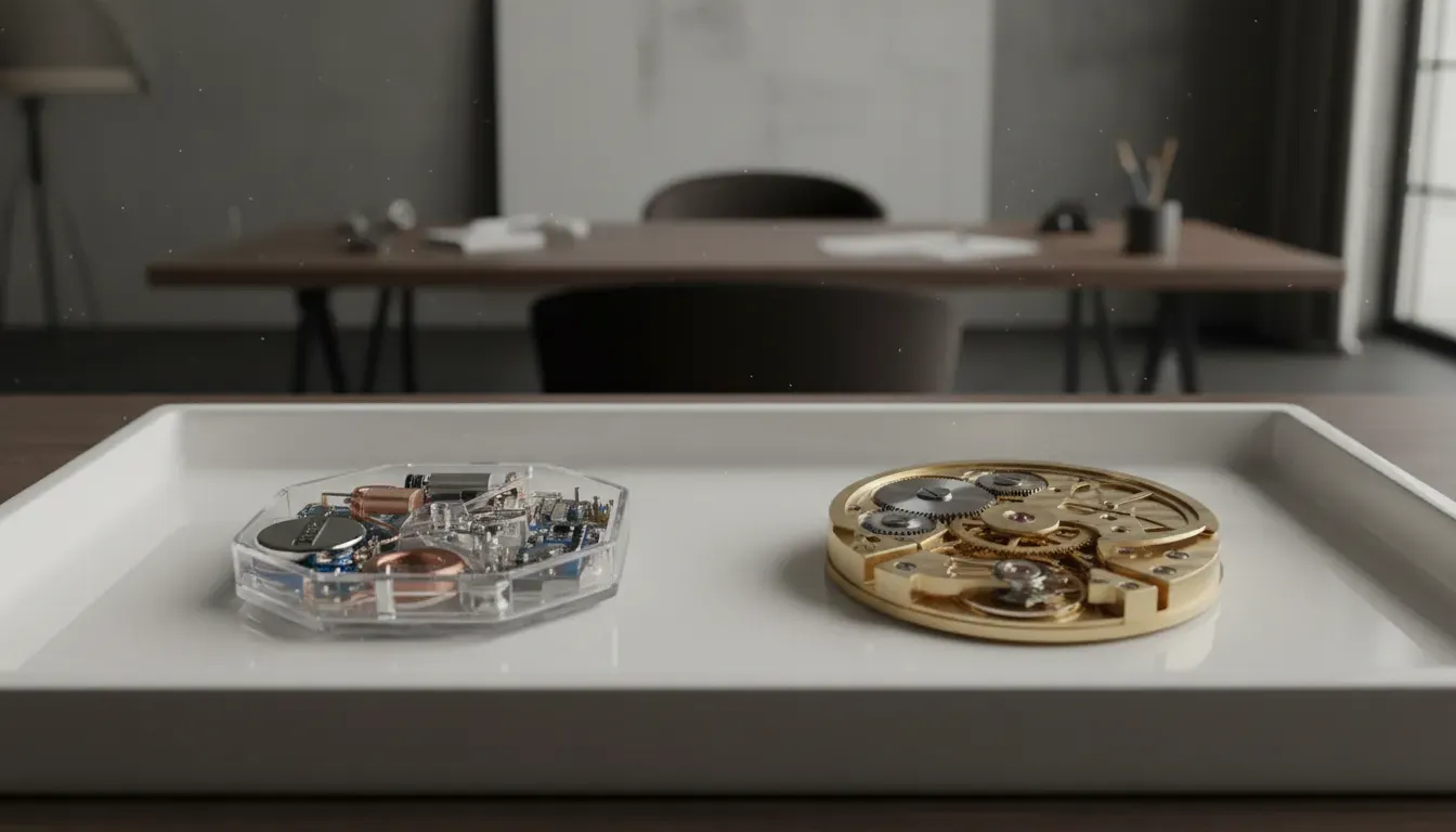Close up macro photography comparing a battery operated quartz mechanism against the gears and springs of an automatic movement