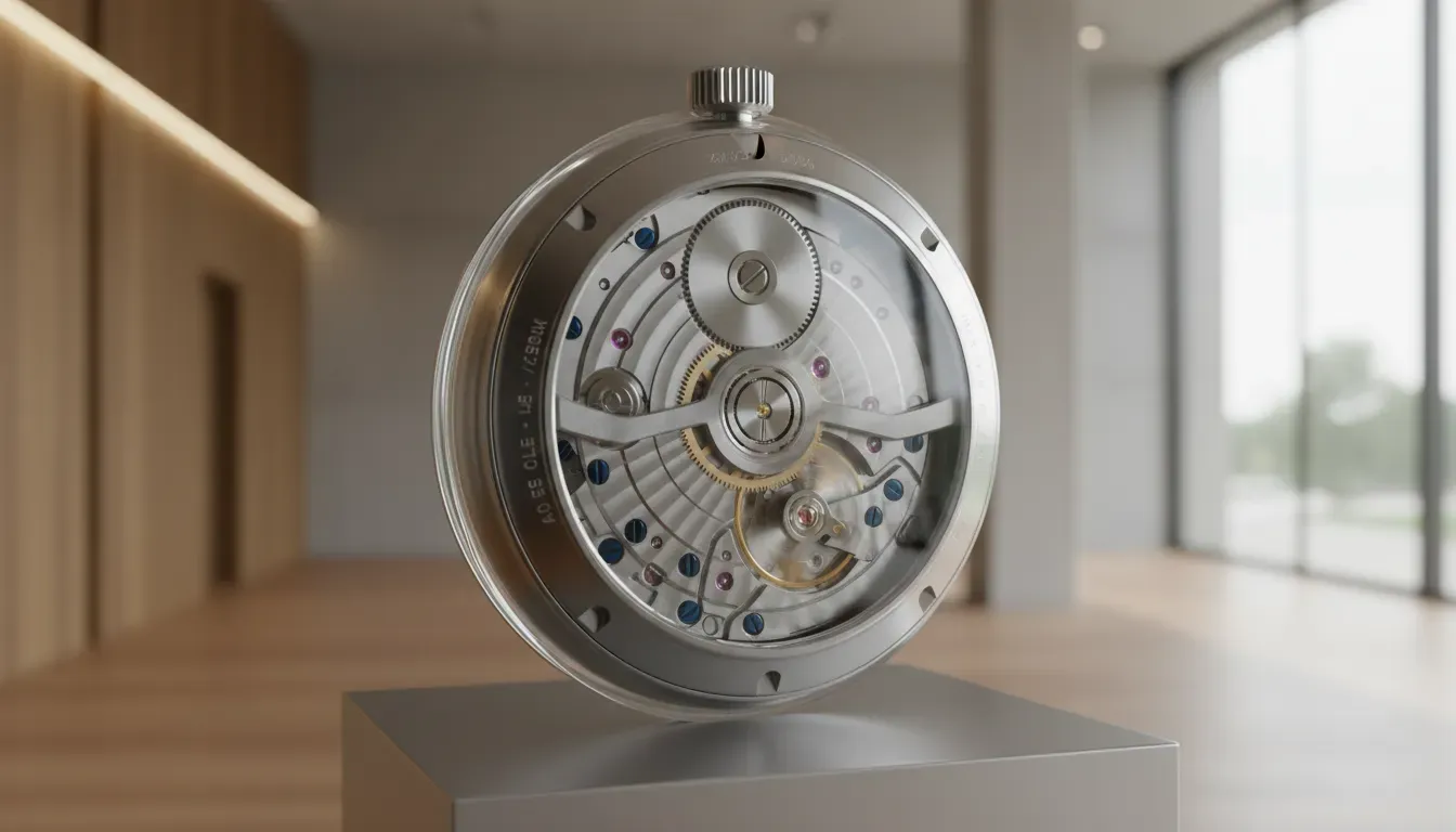 A transparent exhibition caseback of a watch showing the rotor and balance wheel in motion