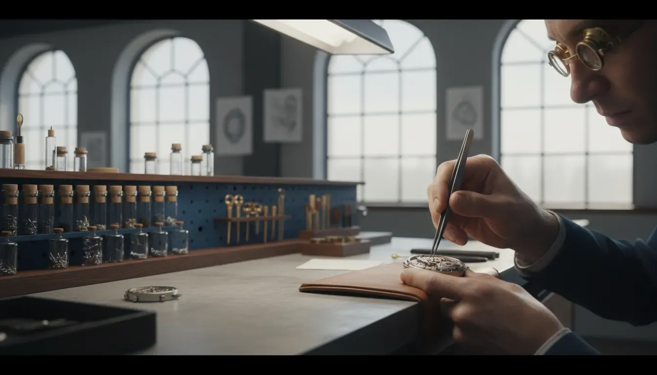 A watchmaker using tweezers and a loupe to carefully assemble a tiny mechanical movement