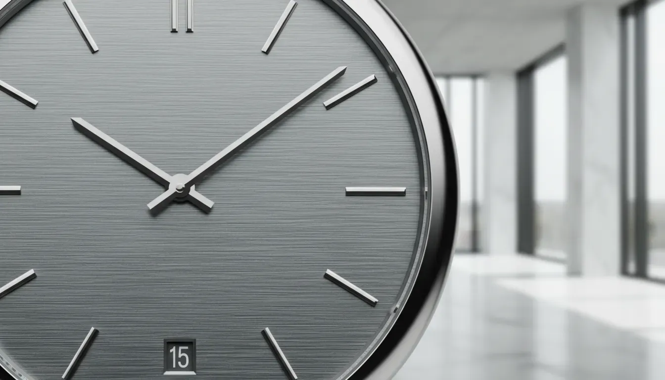 Close up of a minimalist luxury watch dial with textured finish