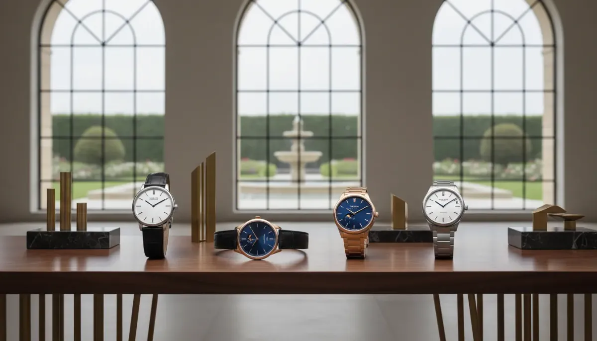 A close up of an elegant, quiet luxury watch peeking out from a tailored suit cuff