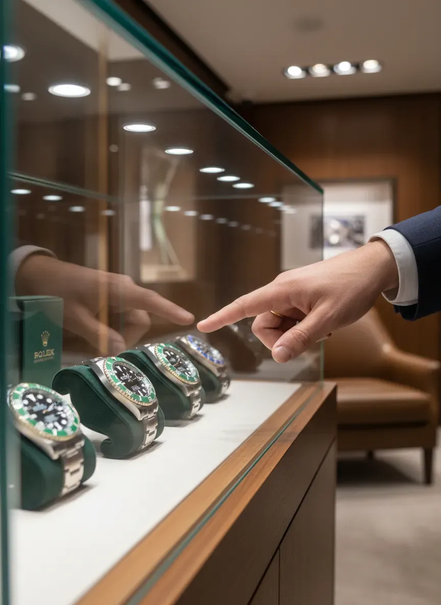A close up of a Rolex display case with a client pointing at a specific model