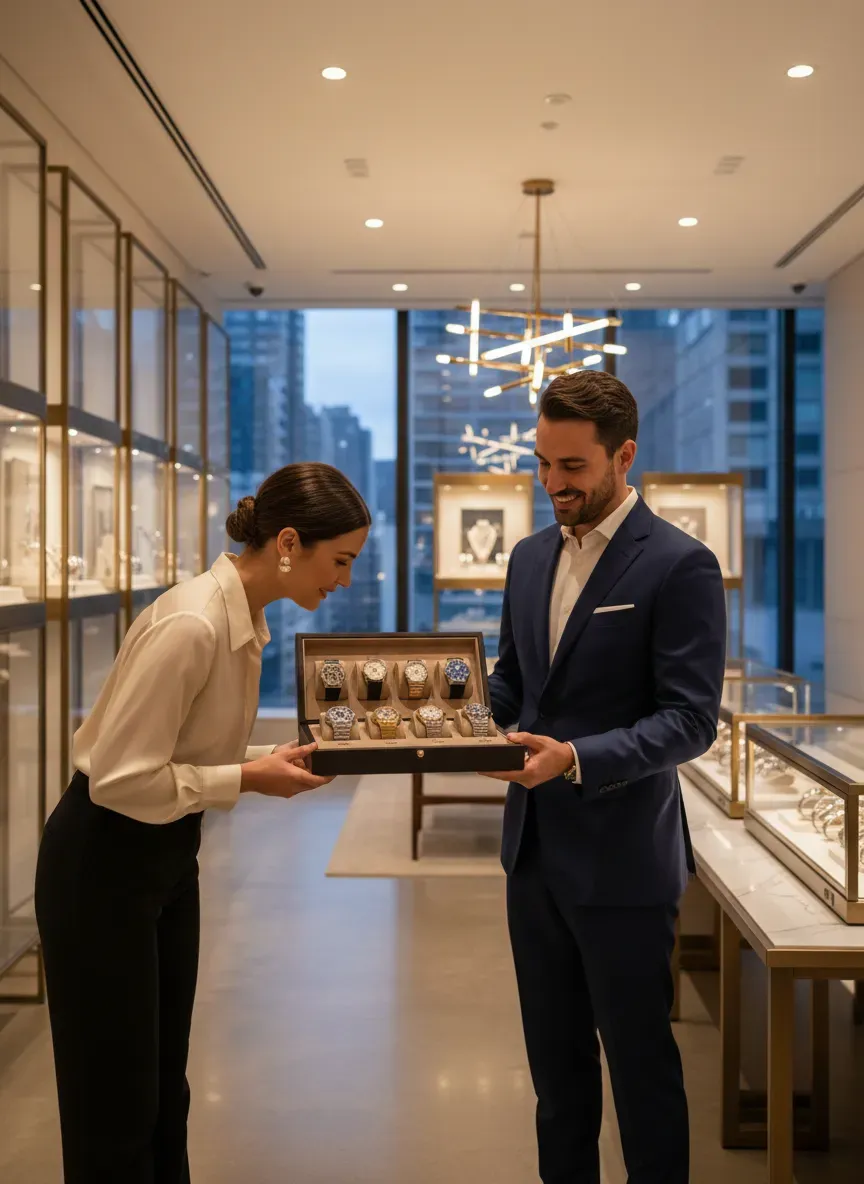 A sales associate presenting a watch tray to a customer