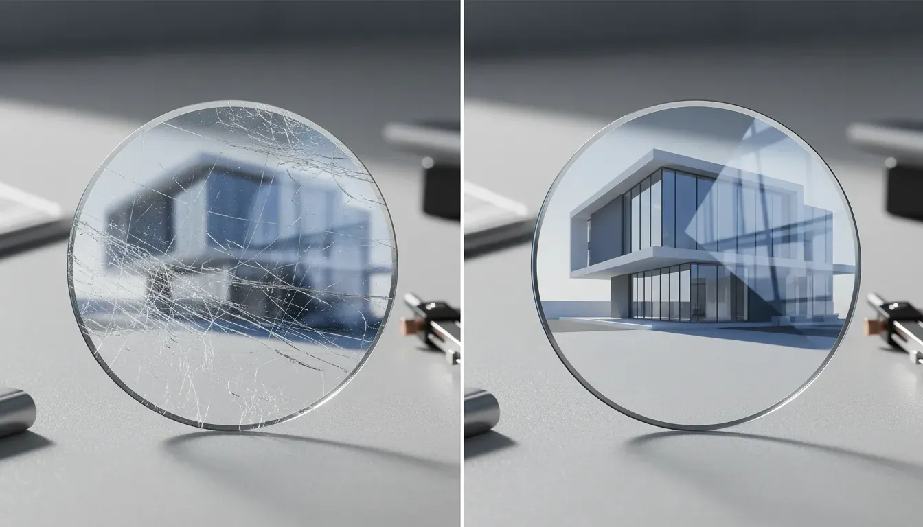 Comparison of scratched mineral glass versus pristine sapphire crystal