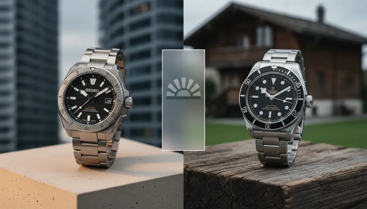 Seiko Prospex LX diver watch facing off against a Swiss luxury dive watch on a textured surface