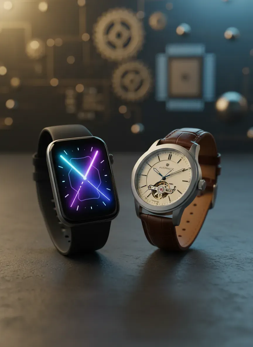 A comparison between a glowing smartwatch and a traditional mechanical watch