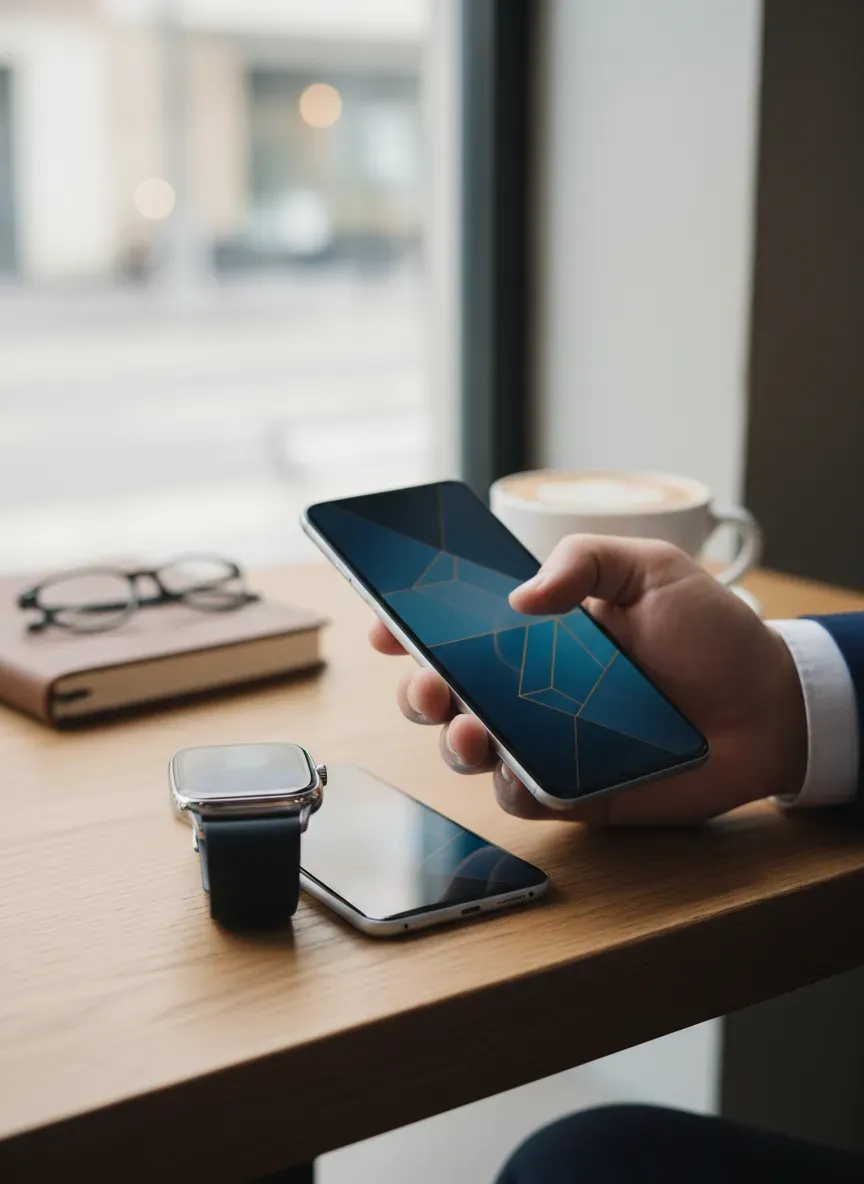 A businessman wearing a smartwatch while holding a smartphone in a cafe
