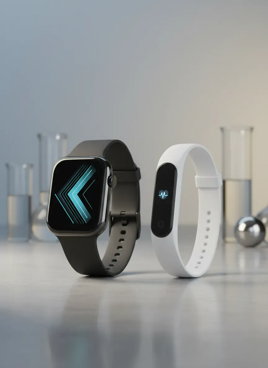 Side by side comparison of a sleek smartwatch and a minimalist fitness tracker