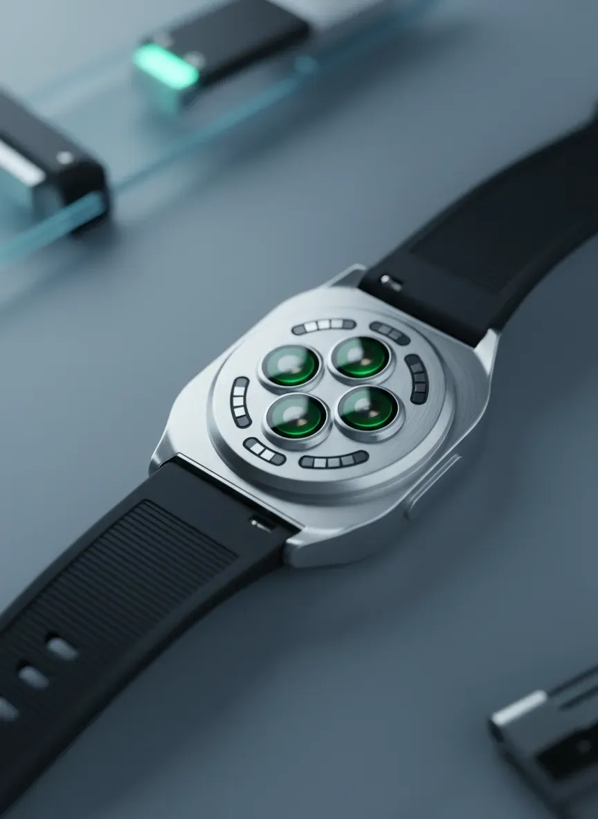 Close-up of biometric sensors on the back of a wearable device