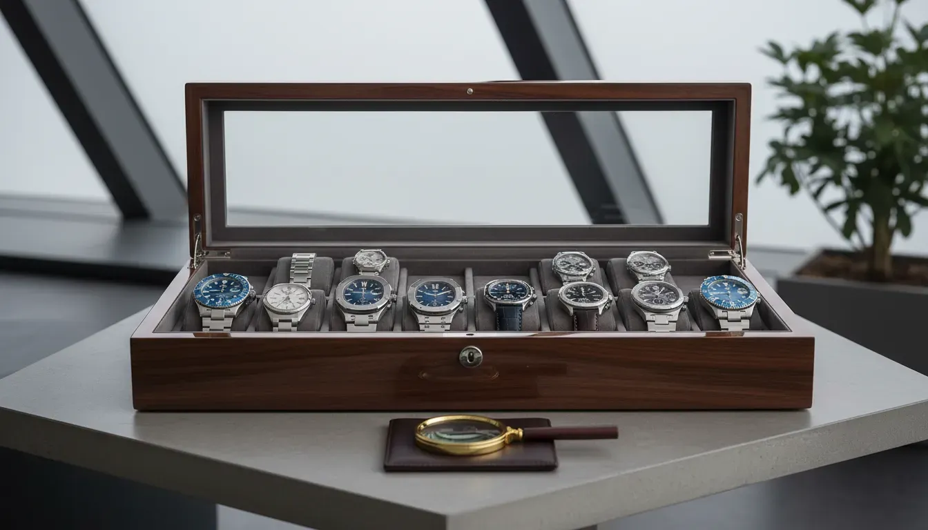 A sleek wooden watch box displaying a collection of luxury and super clone watches side by side