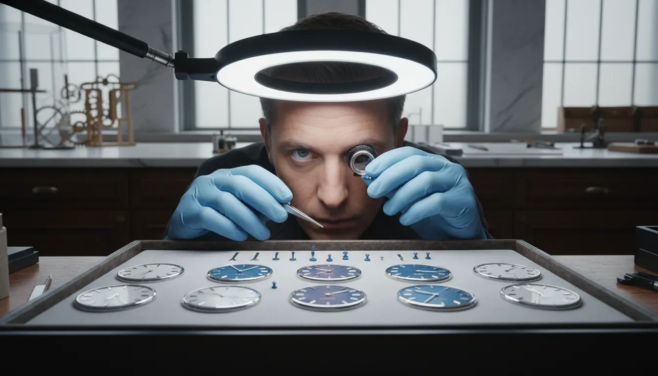 A close up of a watchmaker examining the dial and hands of super clone watches under a bright light