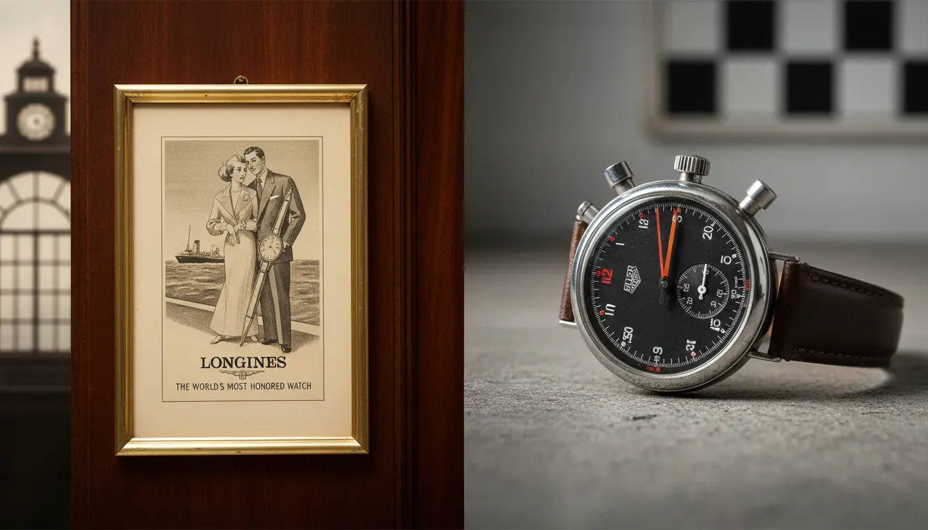 Vintage Longines advertisement contrasting with a vintage Heuer racing stopwatch