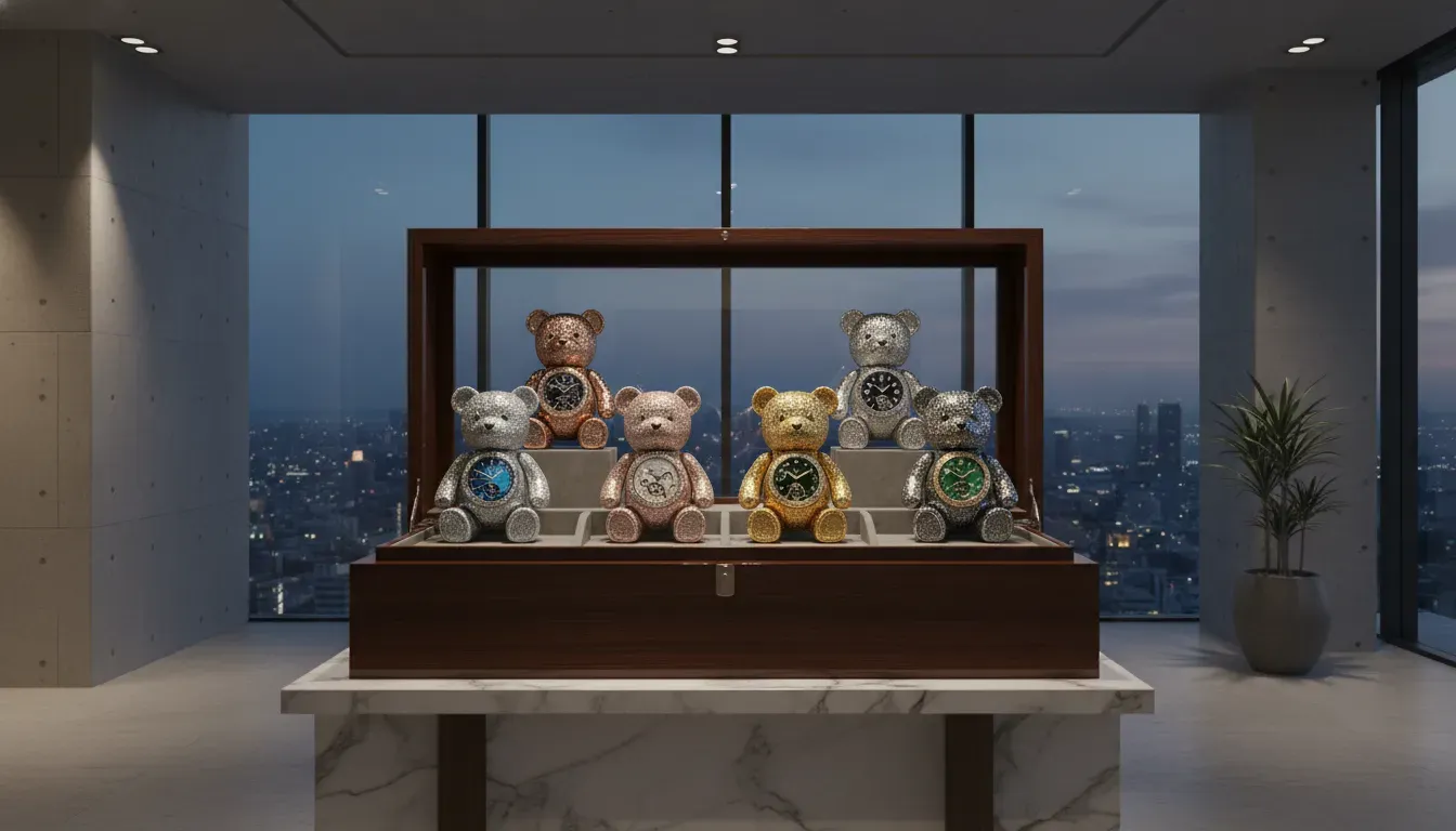 A display of luxury teddy watches in a premium collection box