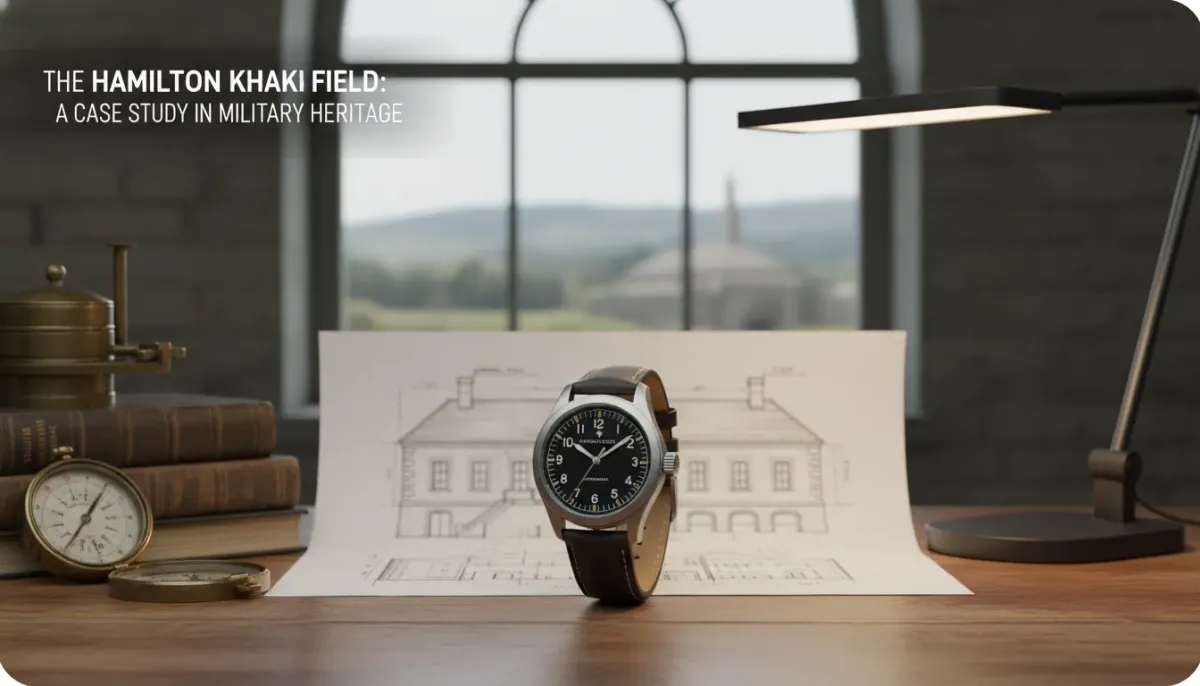 A vintage-inspired Hamilton Khaki Field Mechanical watch resting on a weathered leather map case.