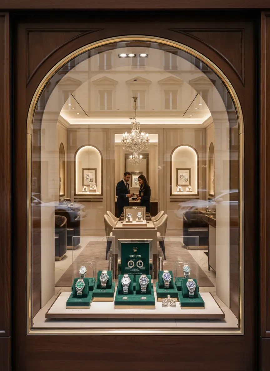 Authorized dealer storefront displaying Rolex watches in a luxury boutique setting