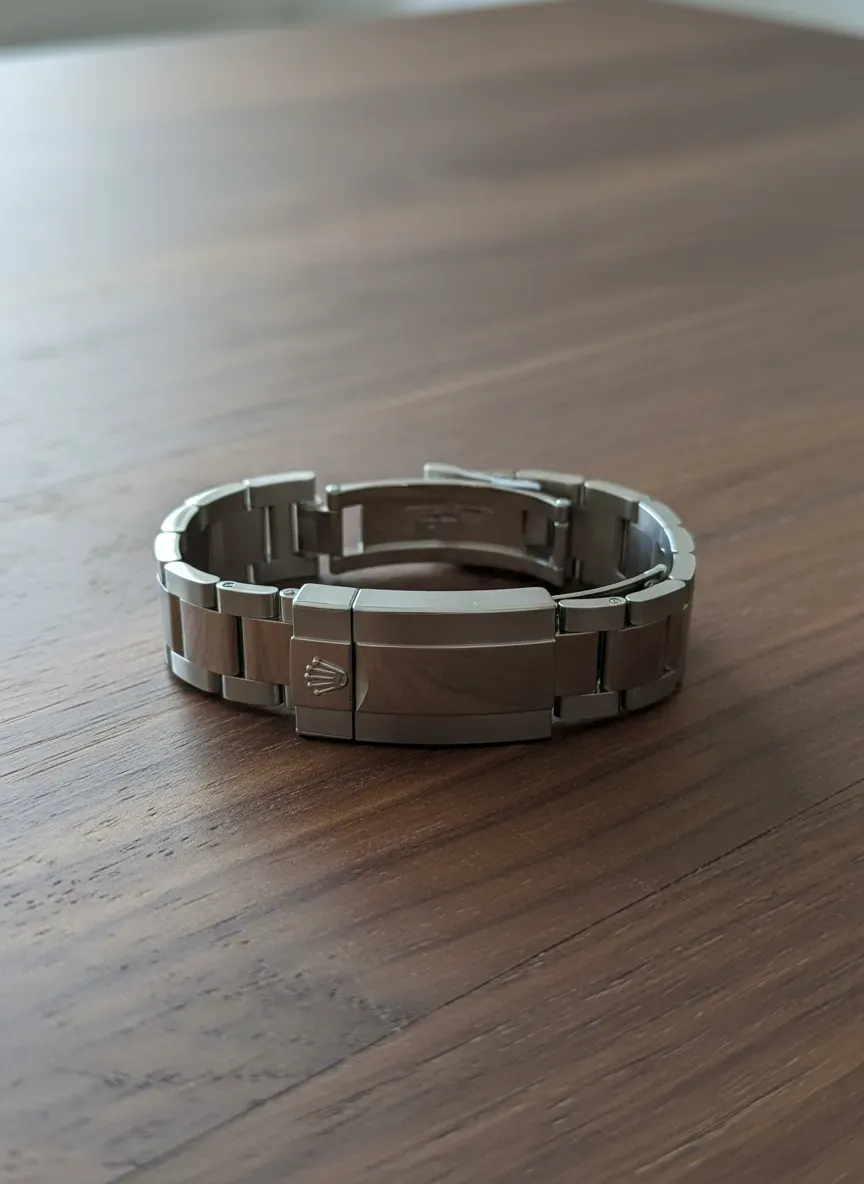 Detail shot of the Rolex Daytona clasp and bracelet on a wooden surface