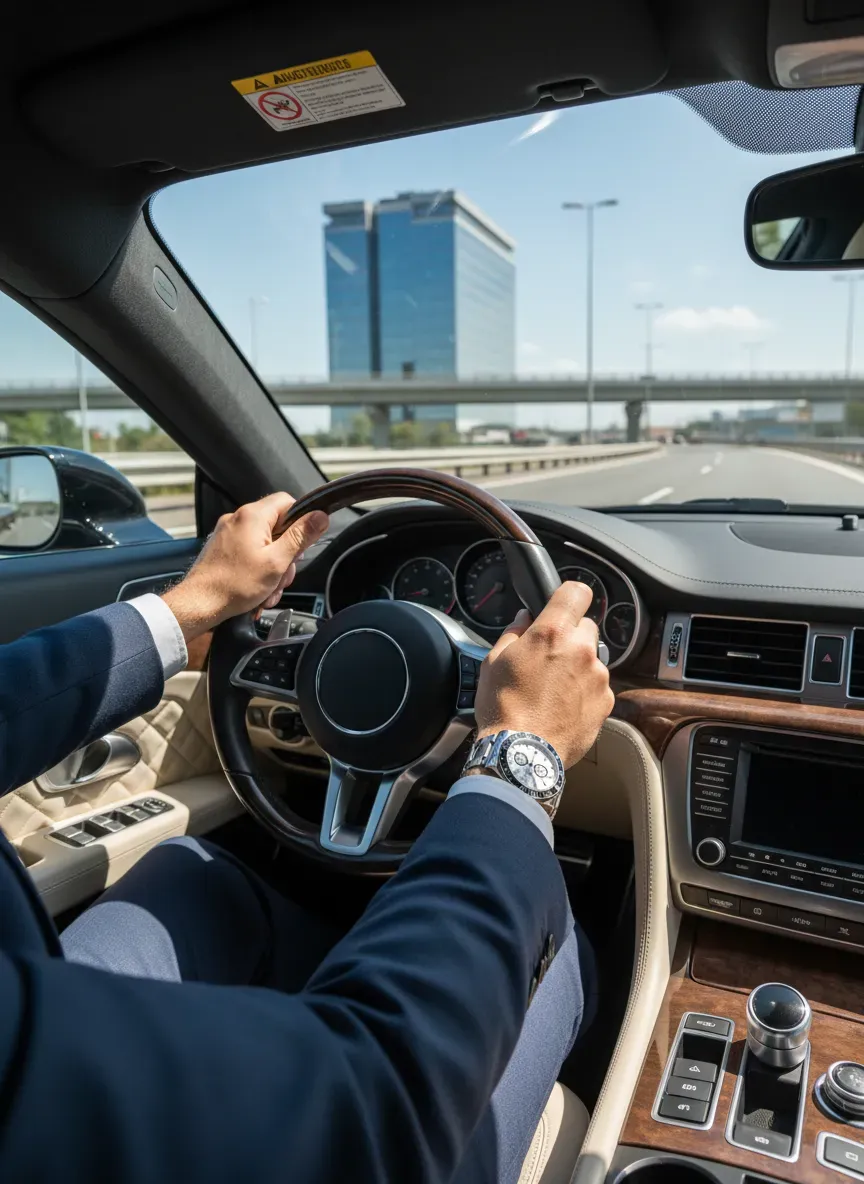 A lifestyle shot of a man wearing a Rolex Daytona driving a luxury car