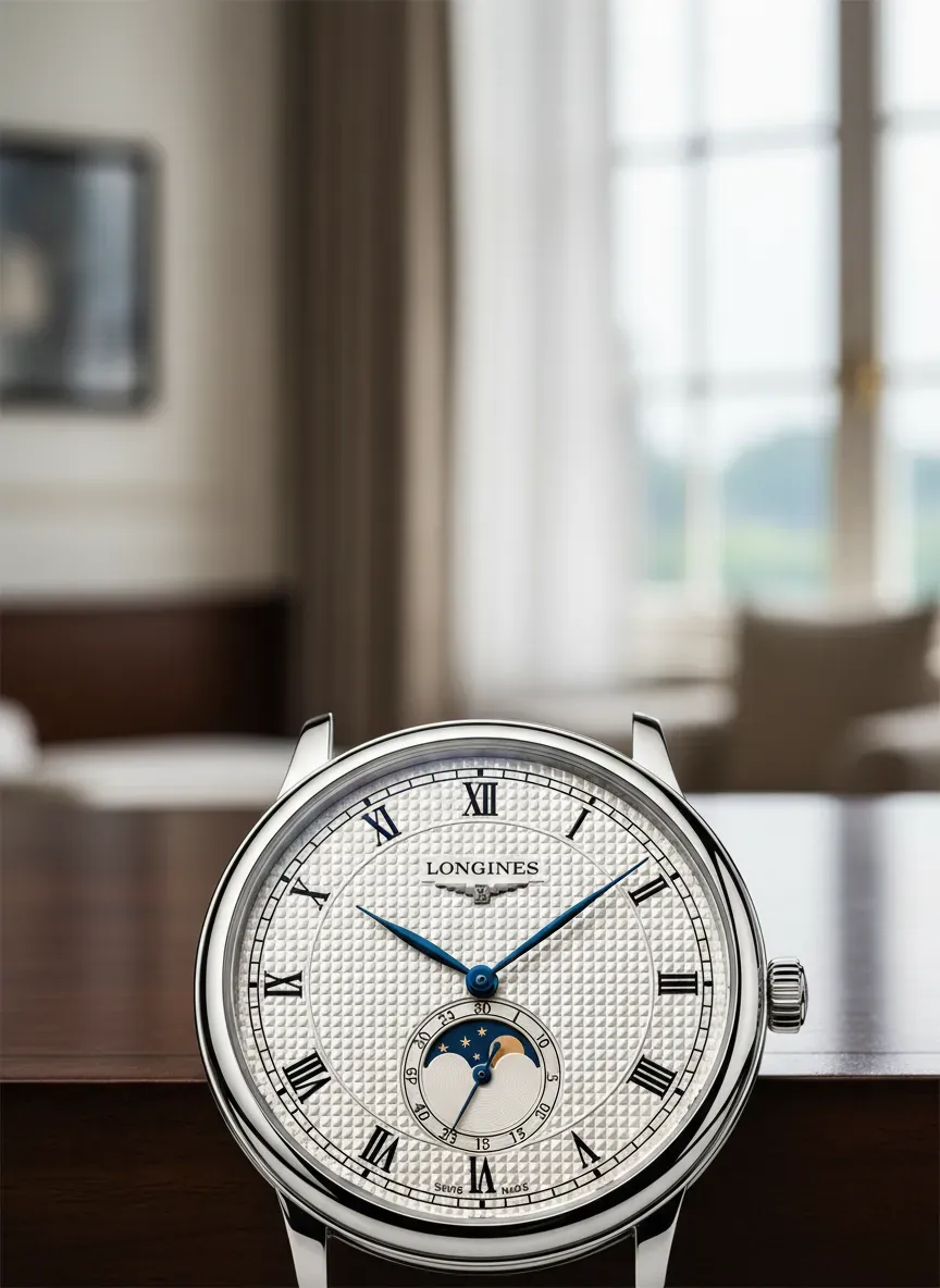 A close up shot of a Longines Master Collection watch face showing the textured dial and blue steel hands