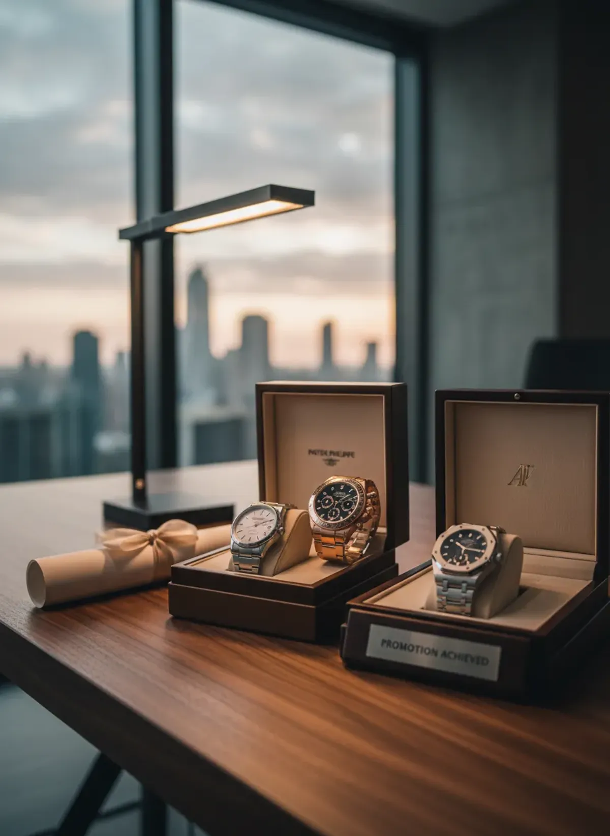 A collection of luxury watches including Rolex and Omega displayed on a dark leather surface, symbolizing professional success.