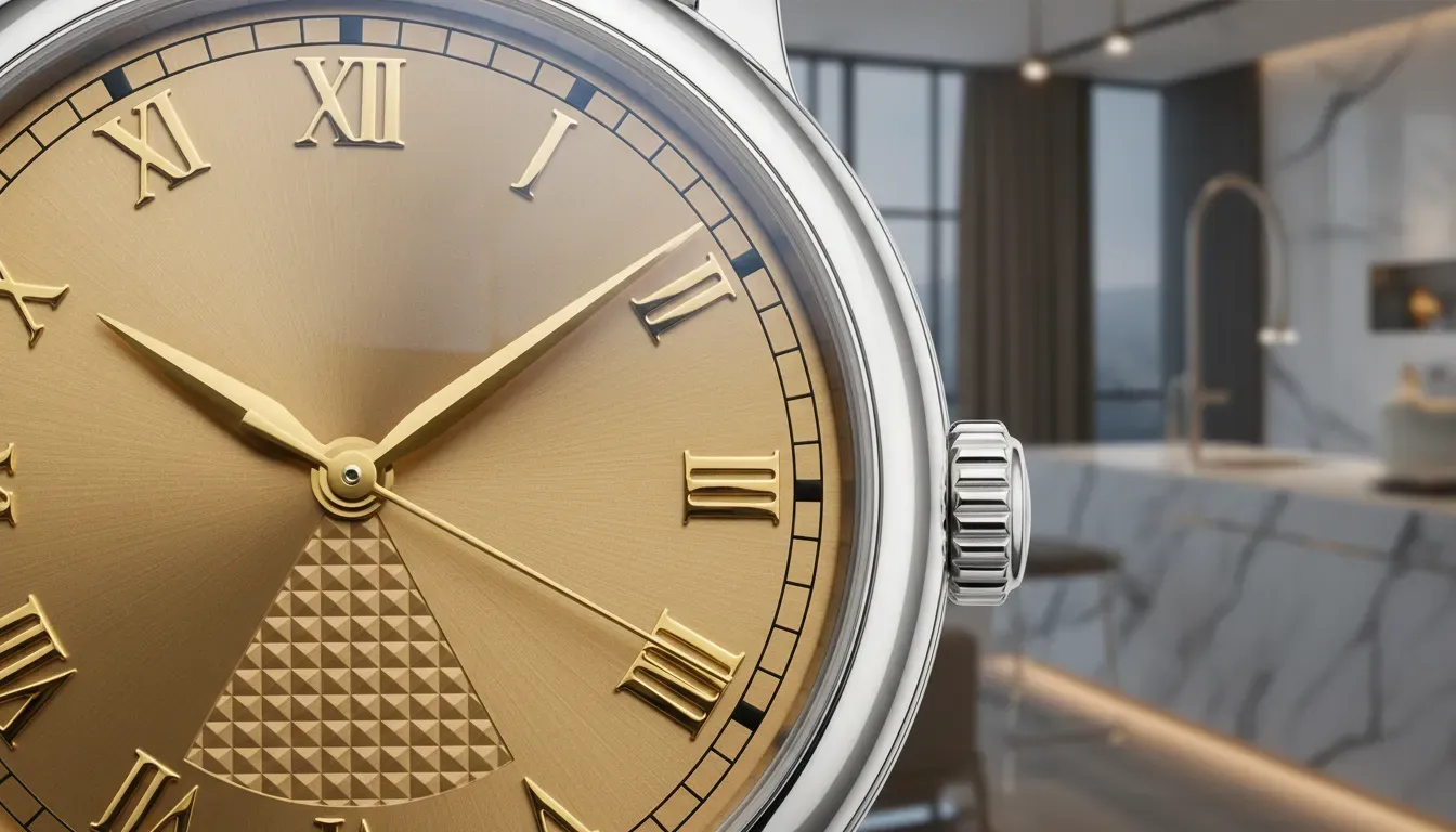 A close up of a luxury watch dial with gold hands and roman numerals