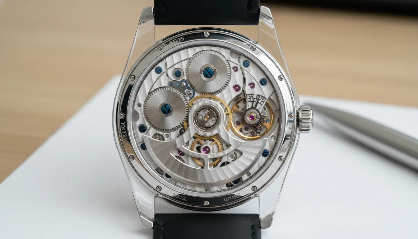 Close up of a mechanical watch movement through a sapphire caseback