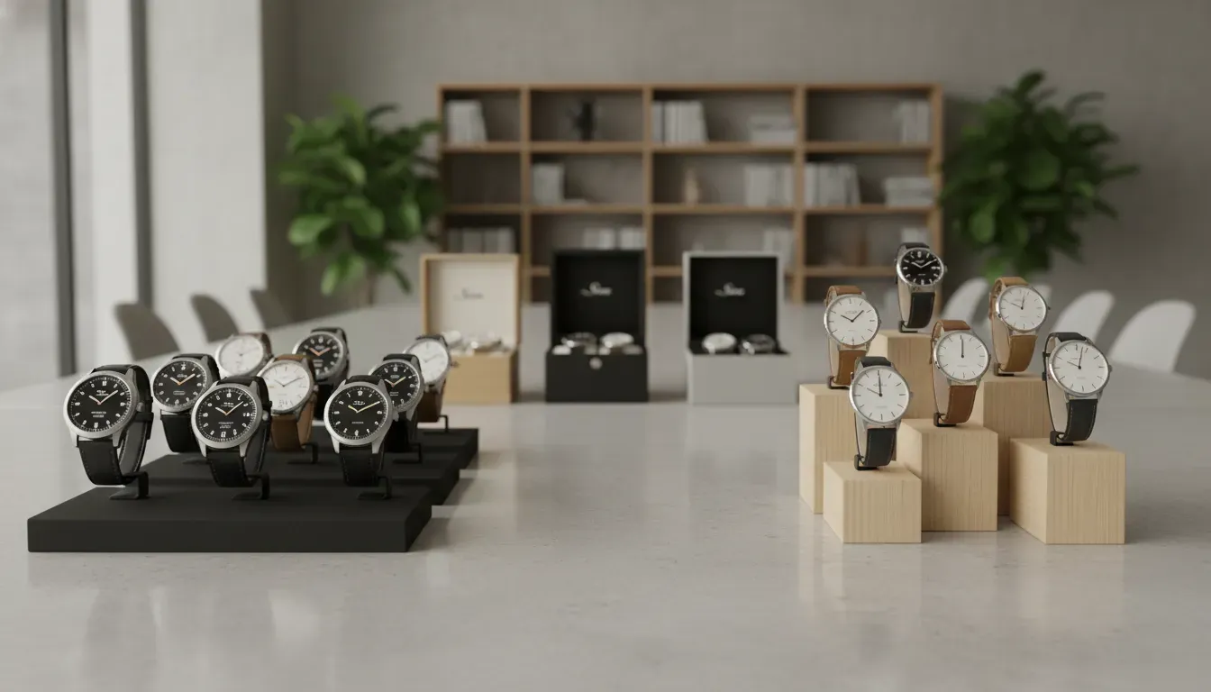 A collection of Sinn and Nomos watches on a table