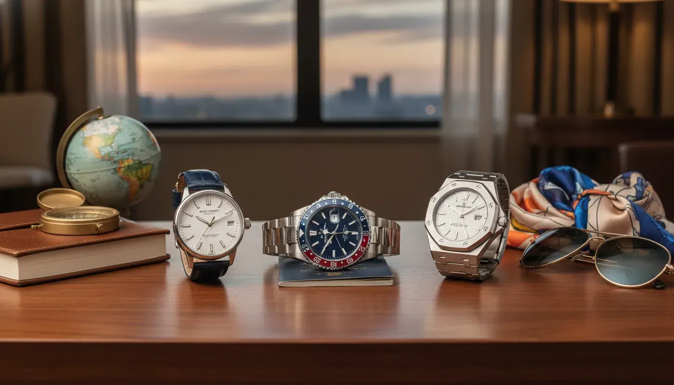 Three luxury watches on a wooden surface with travel accessories