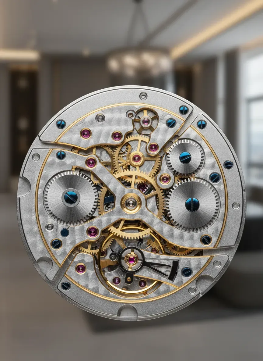 Close up of a mechanical watch movement showing gears and ruby bearings