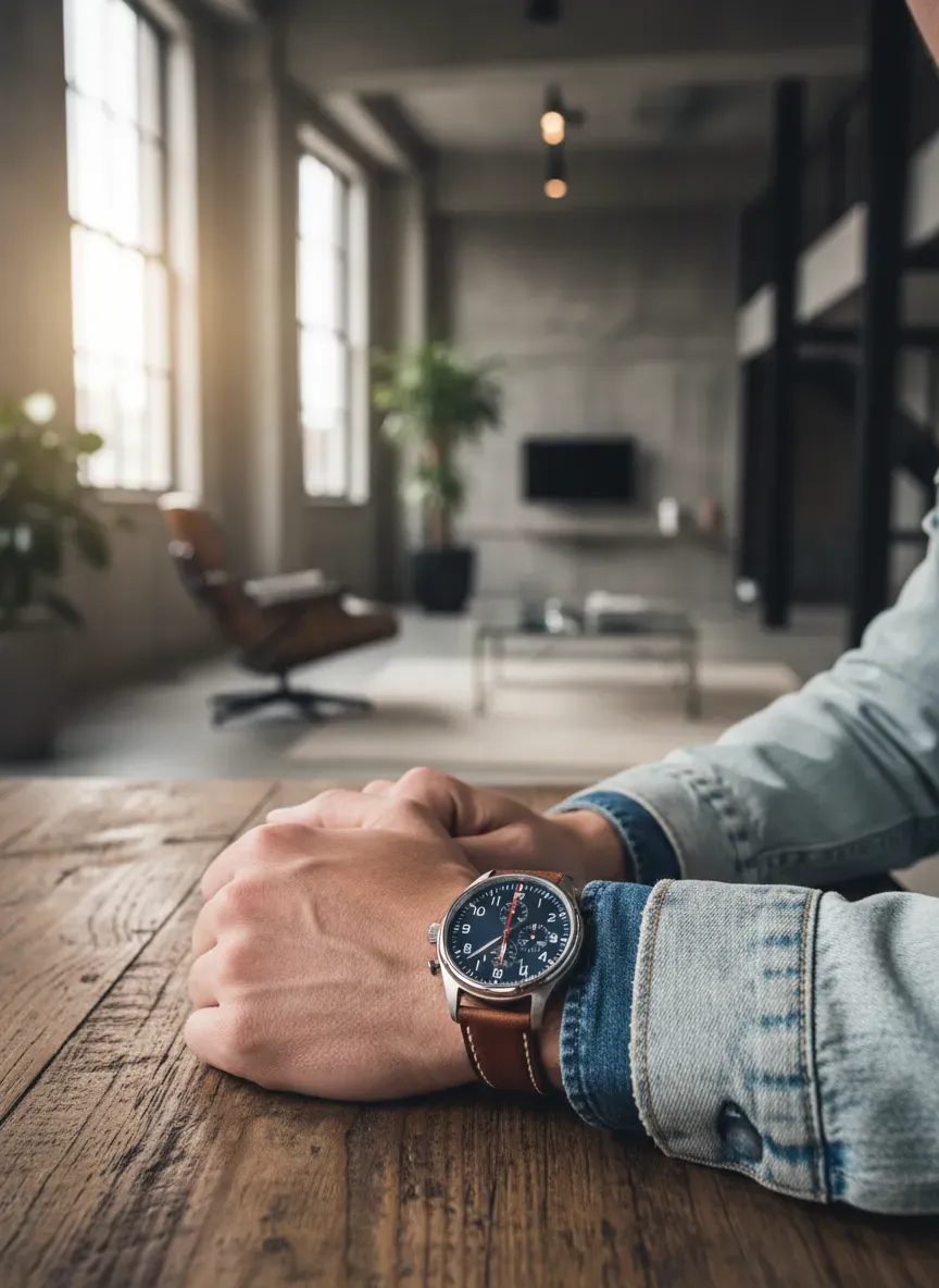 Man wearing a pilot watch on a leather strap with a casual denim outfit