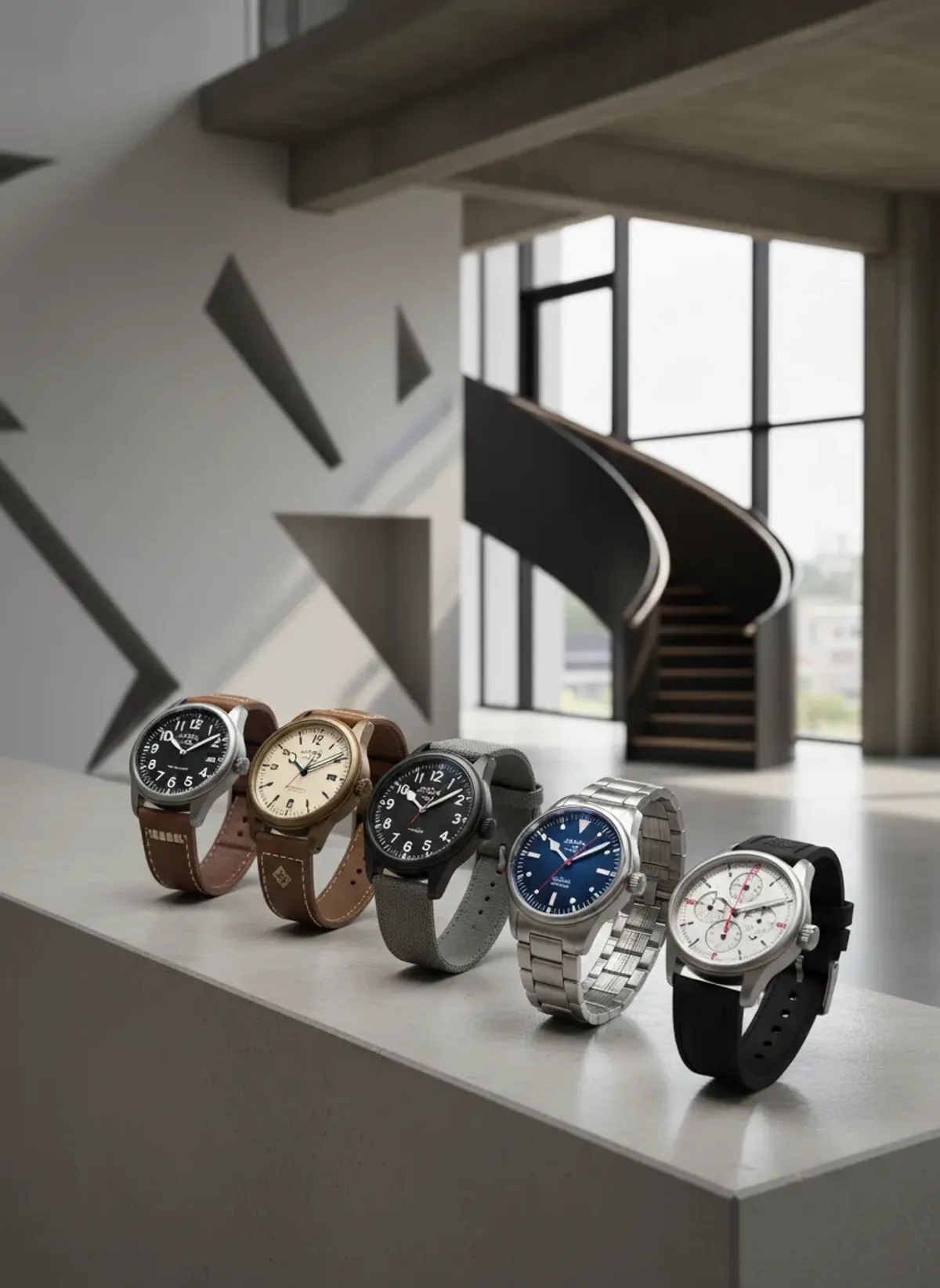 Collection of luxury pilot watches displayed on a vintage leather flight jacket map background.