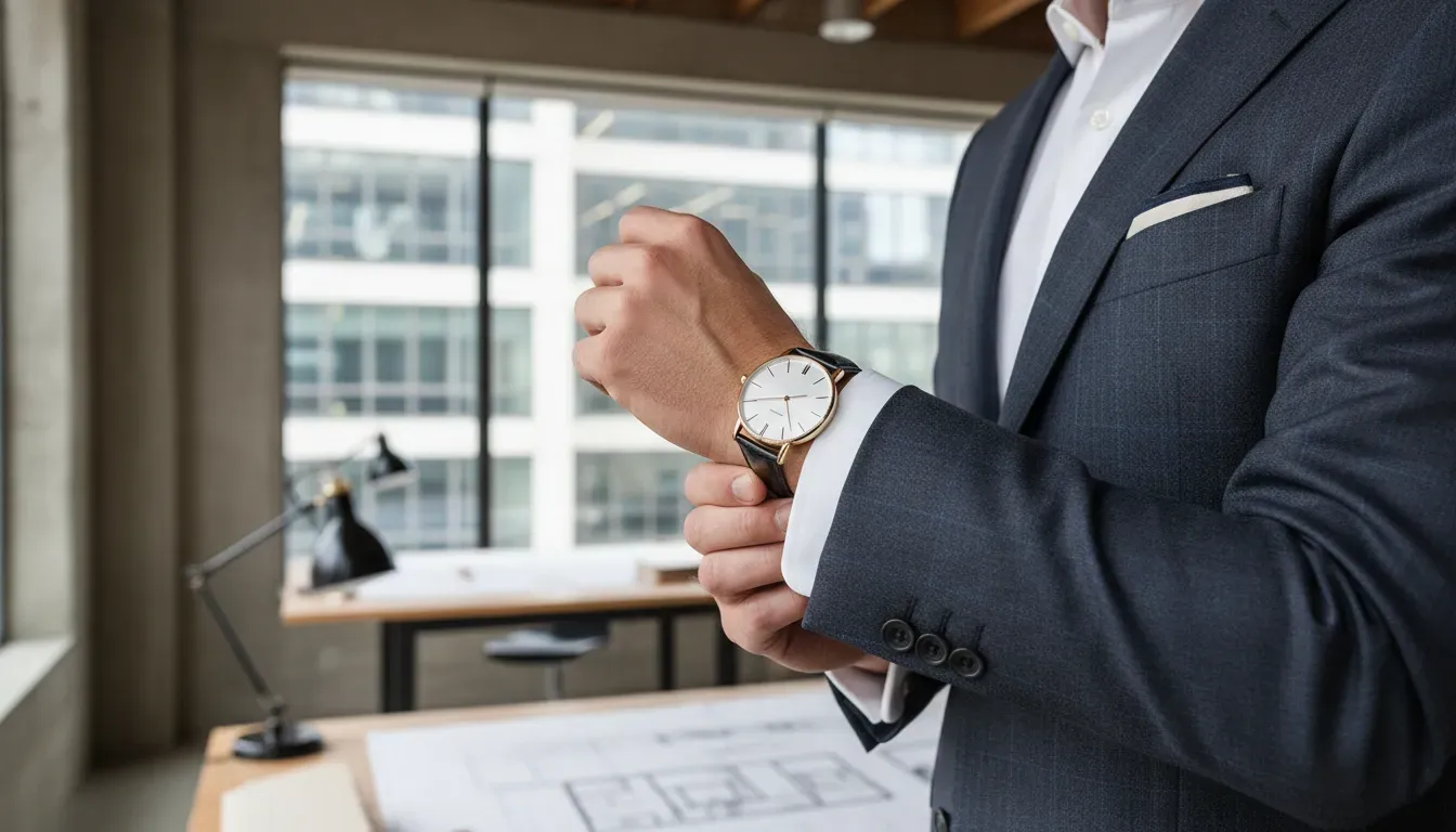 Man adjusting his cuff links with a slim gold dress watch visible on wrist