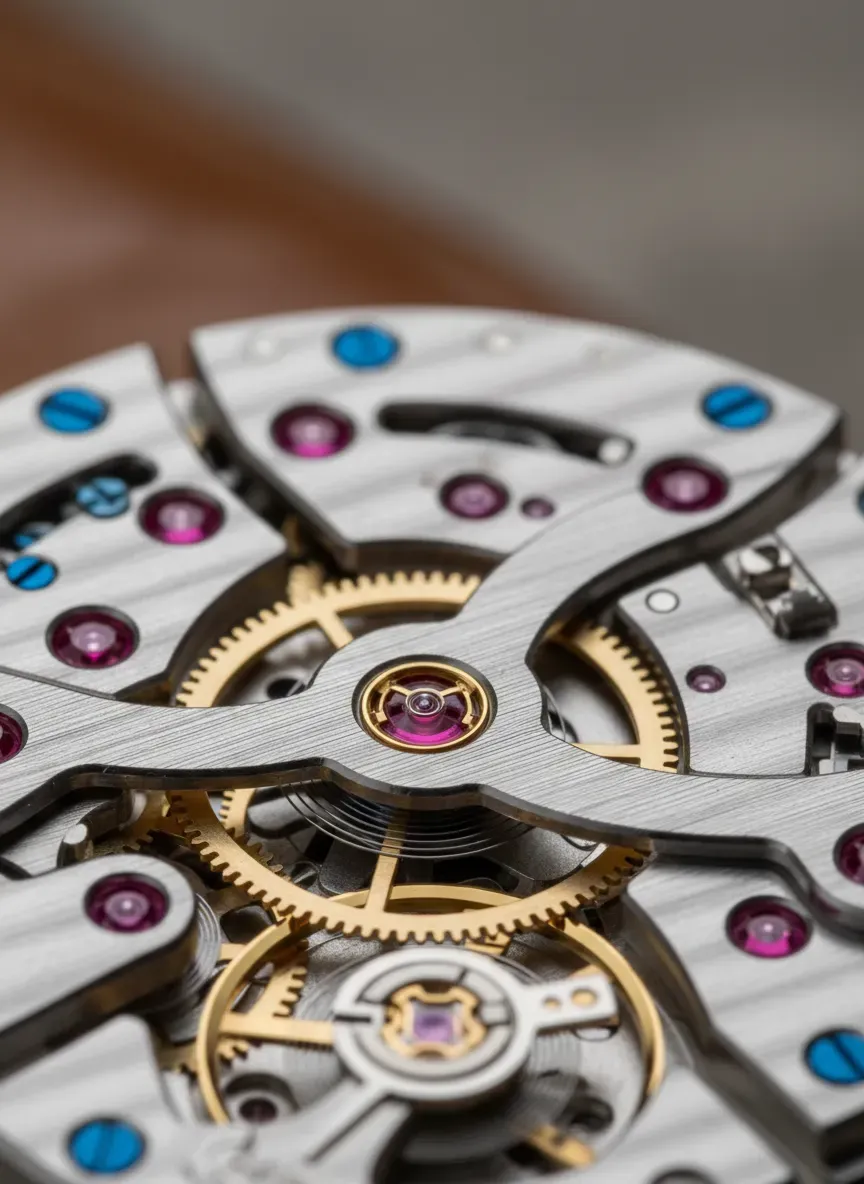 Close-up of a mechanical watch movement showcasing Geneva stripes and rubies