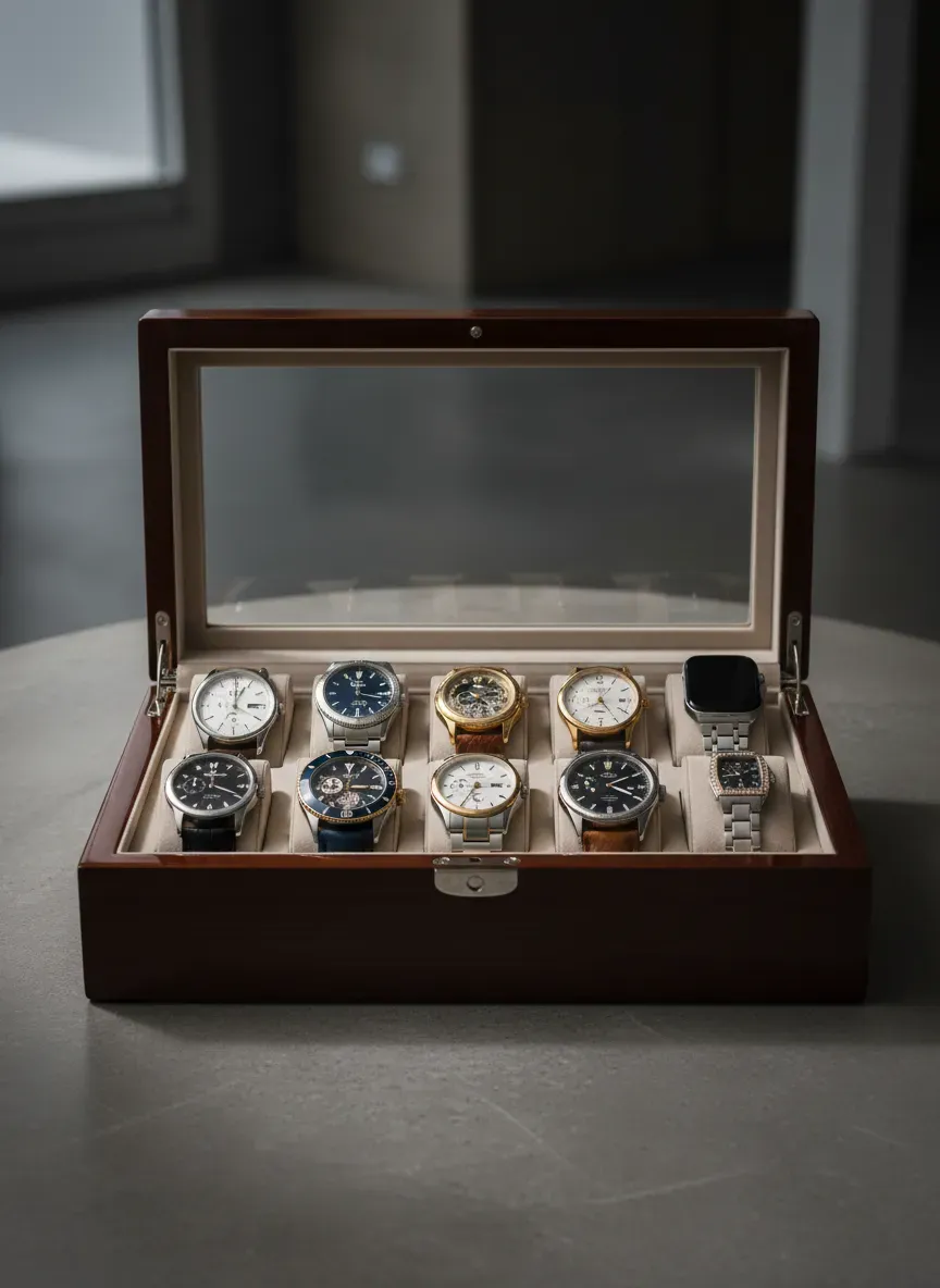 A collector's watch box displaying a diverse selection of luxury timepieces on leather and steel bands