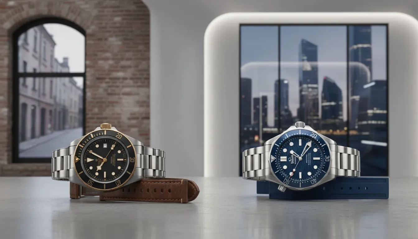 Comparison of Tudor Black Bay vintage styling versus Omega Seamaster modern ceramic aesthetic