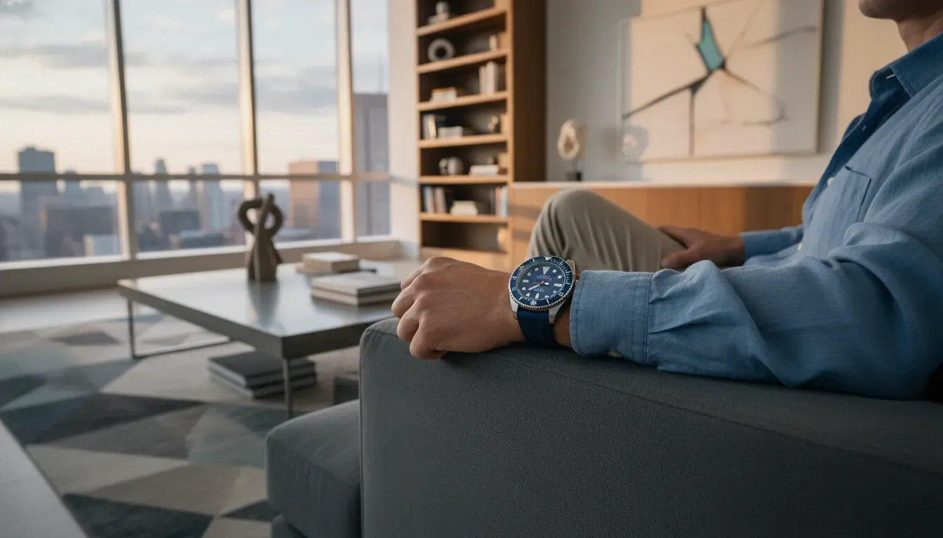Lifestyle shot of a man wearing a luxury dive watch in a casual setting