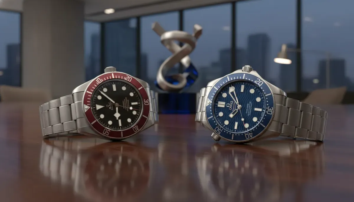 Tudor Black Bay and Omega Seamaster luxury dive watches side by side on a wooden table
