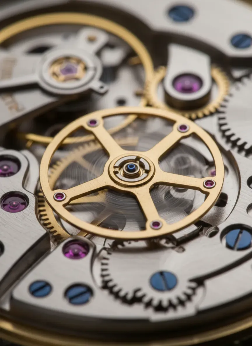 Macro shot of a mechanical watch movement showing the balance wheel and ruby jewels