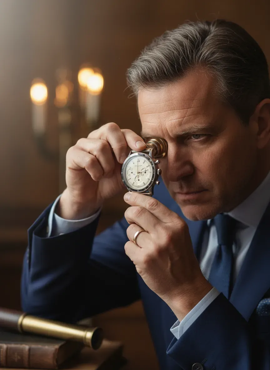 A collector inspecting a vintage chronograph with a jeweler's loupe