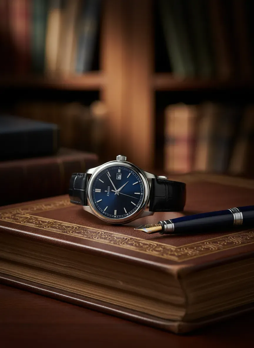 A luxury watch resting on a leather bound ledger next to a fountain pen