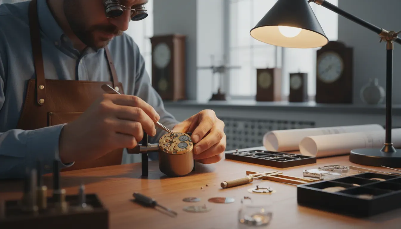 Watchmaker working on a standard mechanical movement with tweezers