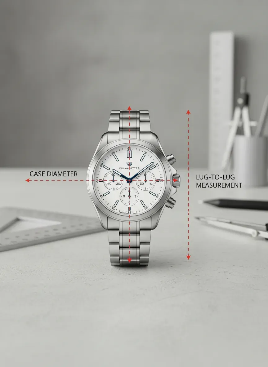 Diagram showing the difference between case diameter and lug-to-lug measurement on a watch
