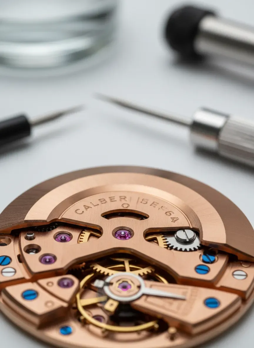 Detailed macro shot of an Omega Caliber 564 movement showing the copper plating and rotor