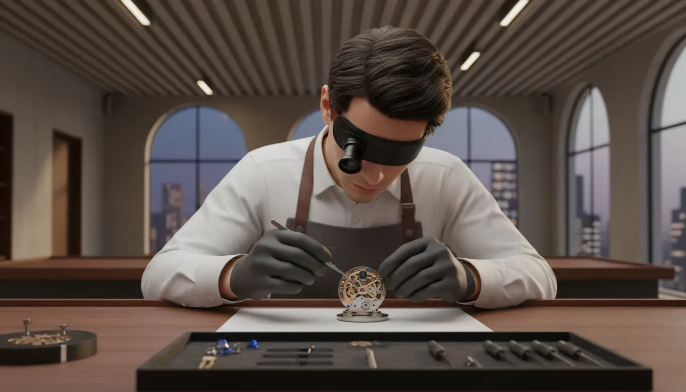 Watchmaker utilizing magnifying loupe to inspect mechanical movement parts