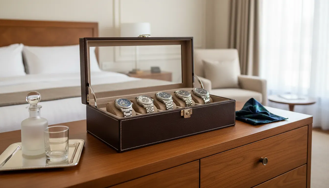 Luxury leather watch box displaying mechanical watches on a wooden dresser