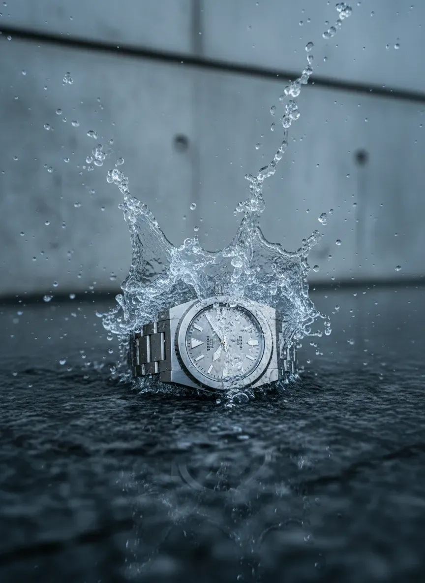 Water splashing forcefully against a steel watch case