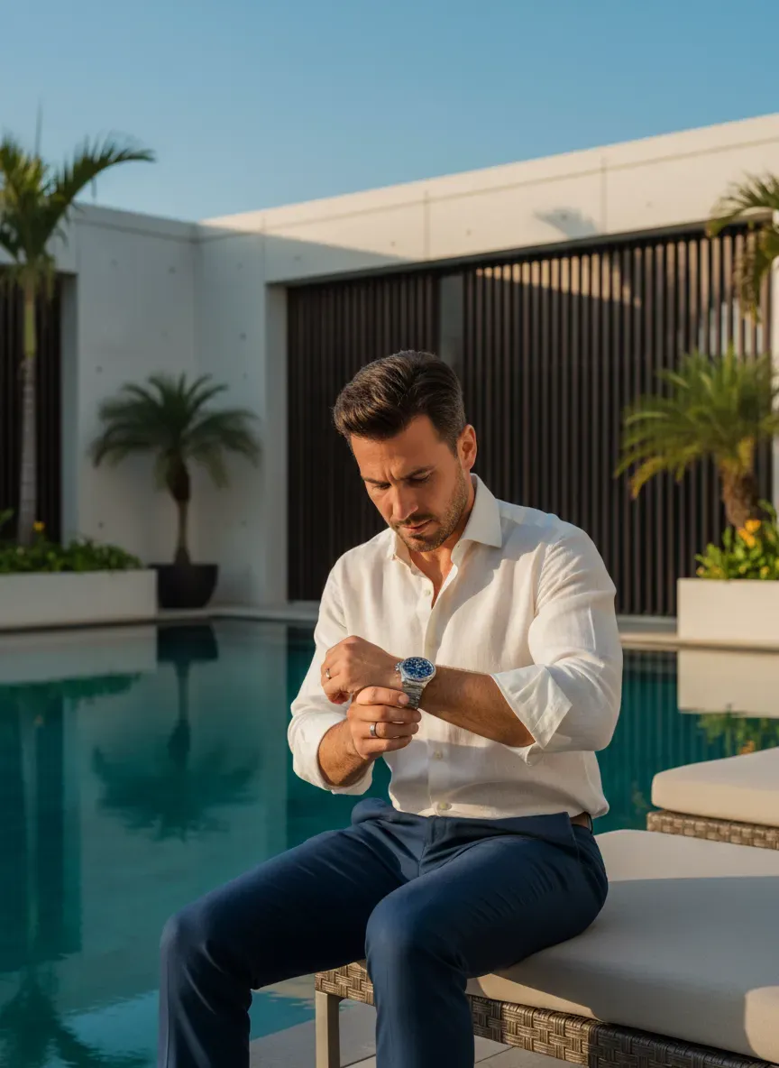 Man checking luxury watch while sitting by a pool